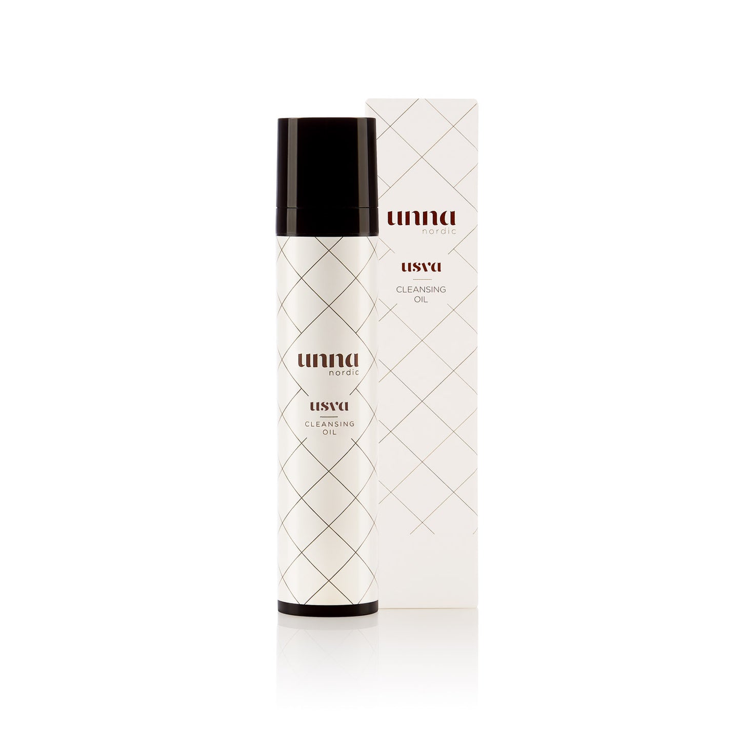 Unna Nordic Usva Cleansing Oil mustassa korkeassa ja kapeassa pumppupullossa