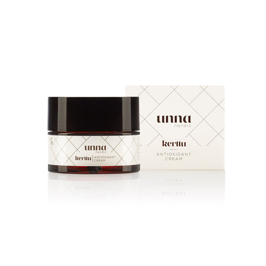 Kerttu Antioxidant Cream tummanruskeassa, mustakorkkisessa lasipurkissa