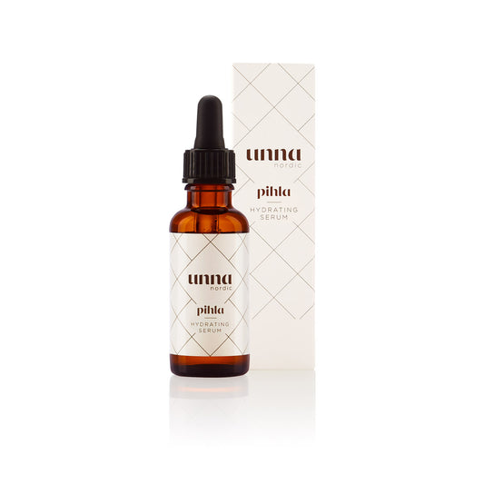 Unna Nordic Pihla Hydrating Serum tyylikkäässä tummanruskeassa lasisessa pipettipullossa