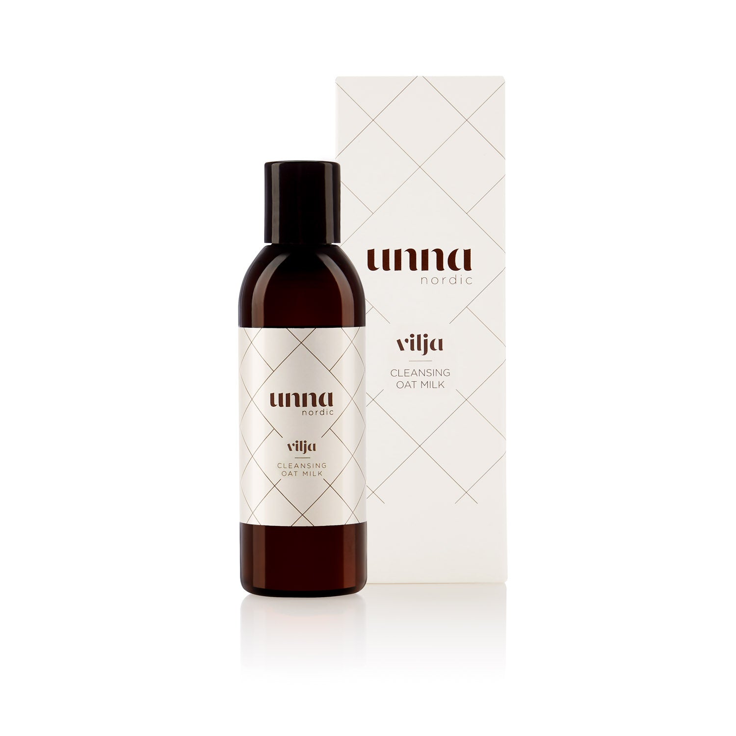 Unna Nordic Vilja Cleansing Oat Milk puhdistusemulsio tummanruskeassa, mustakorkkisessa pullossa.