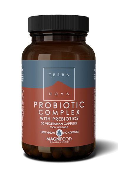 Terra Nova Probiotic Complex kapselit ruskeassa lasipurkissa.